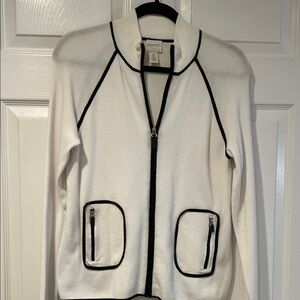 Chico’s Zenergy White Zip-Front Cardigan with Black Trim Sz S